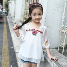 Шифоновые блузки с длинными рукавами и цветочной вышивкой для девочек; сезон весна-лето; Новинка года; кружевные лоскутные рубашки для девочек; детская одежда