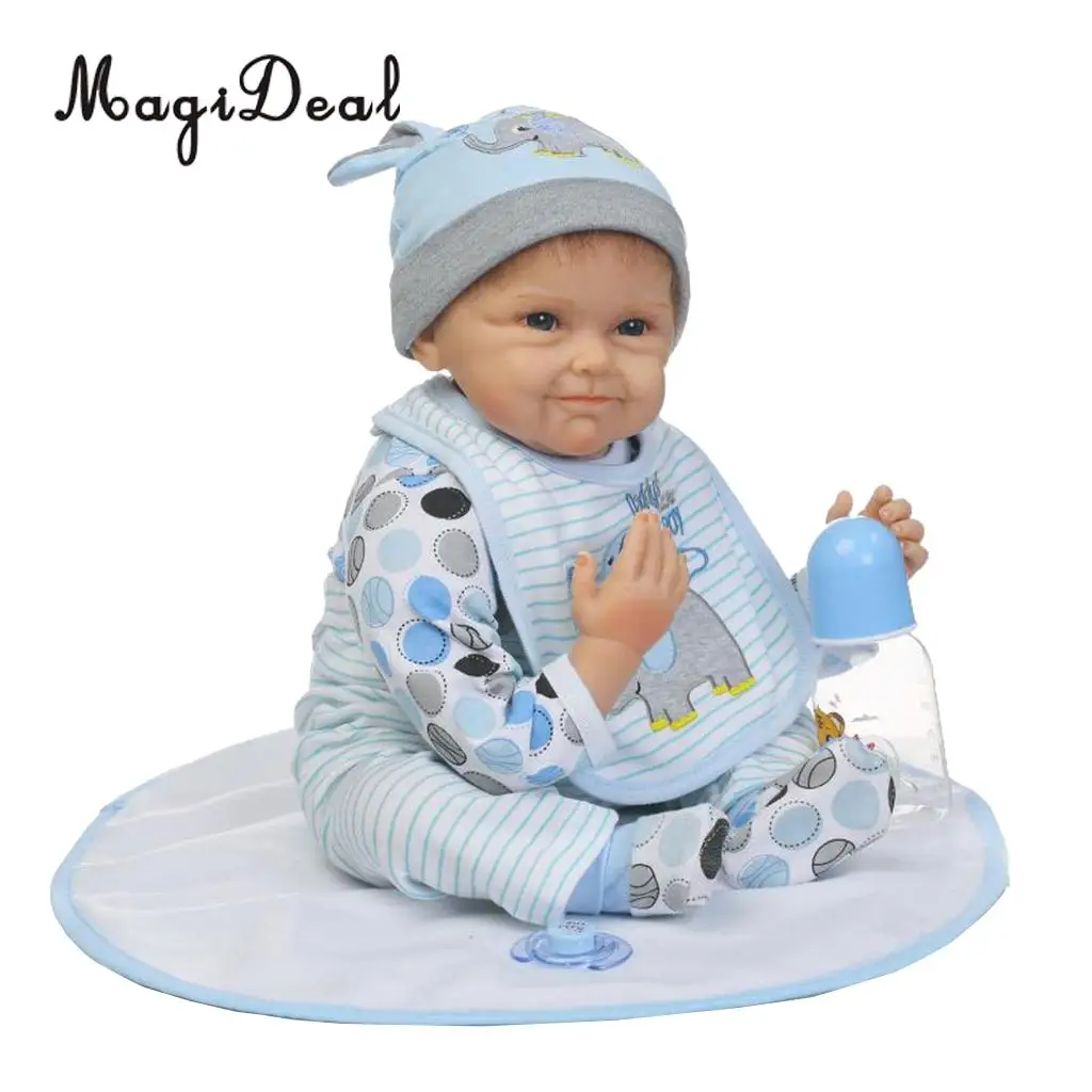 

Huggable Silicone 22inch Reborn Baby Unisex Doll Newborn Toddler with Magnetic Pacifier, Nursing Bottle and Carpet