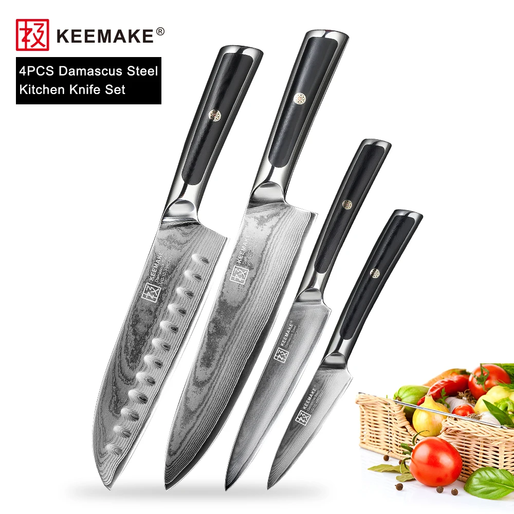 

KEEMAKE 4PCS Kitchen Knives Set Santoku Utility Chef Paring Knife Japanese Damascus VG10 Steel Sharp G10 Handle Cutter Tools