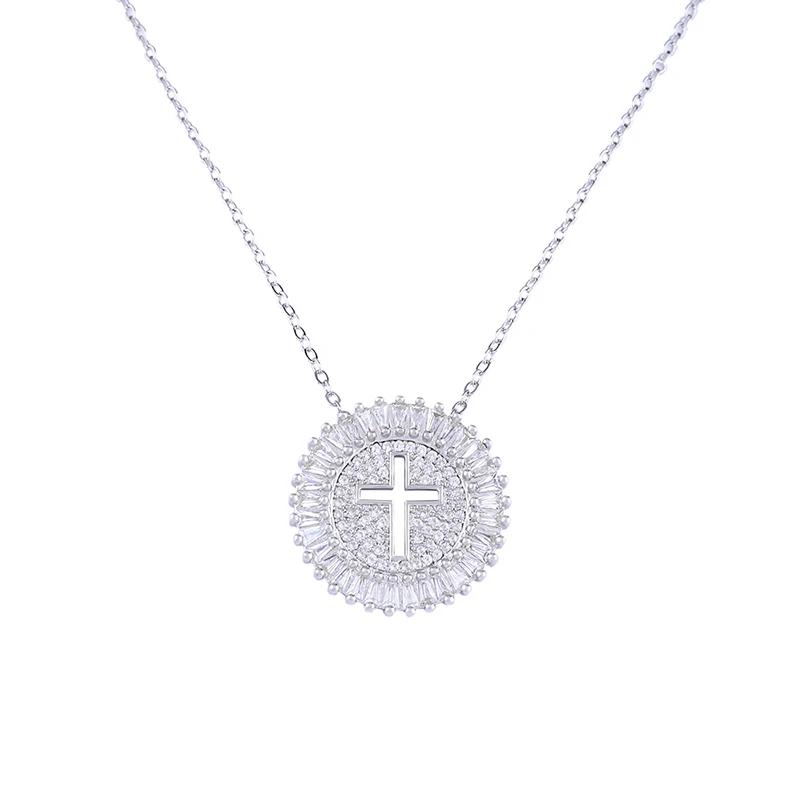 Ожерелье с золотым крестом из кубического циркония, женская подвеска с кристаллами и крестом, длинная цепочка, CZ христианское ювелирное изделие nkep11 - Окраска металла: silver