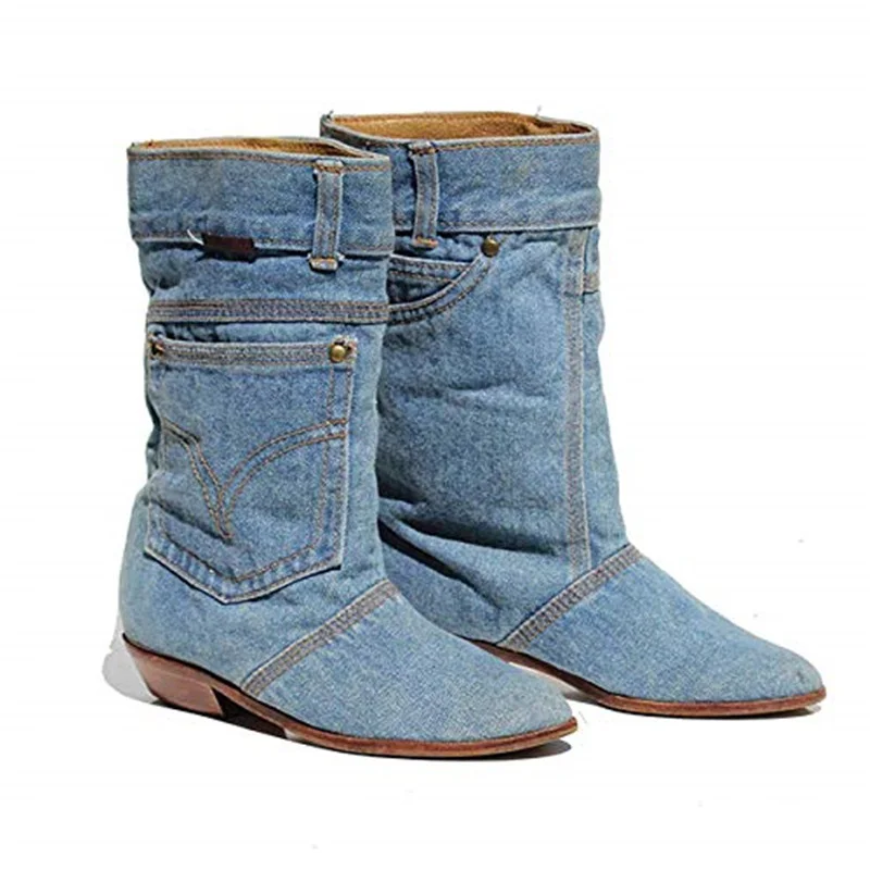 Tangnest/новые модные ботинки до середины икры женские ботинки из джинсовой ткани теплая водонепроницаемая обувь без шнуровки женские рабочие ботинки Mujer XWX7151