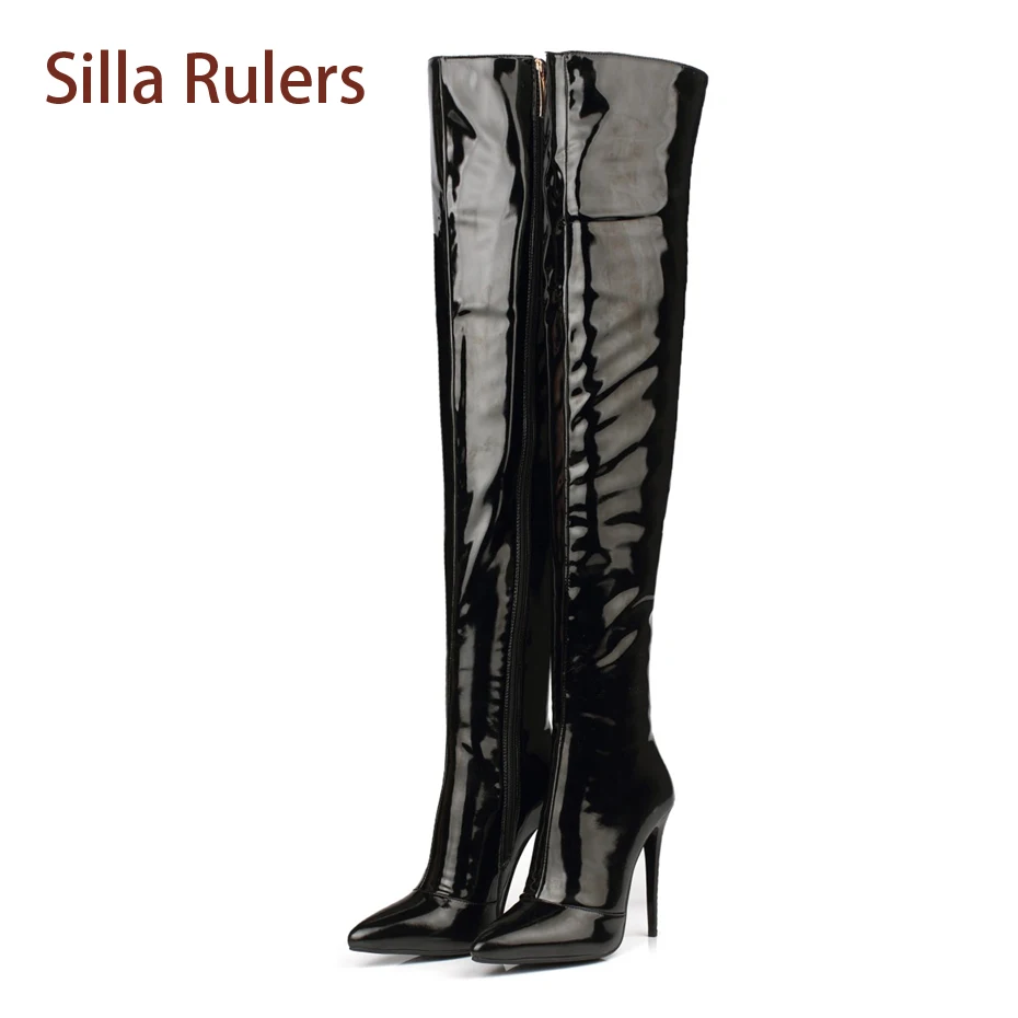 

Silla Rulers Plush Size 35-42 Pointed Toe Thin High Heel Over The Knee Boots Black Red Patent Leather Sexy Lady Thigh High Boots