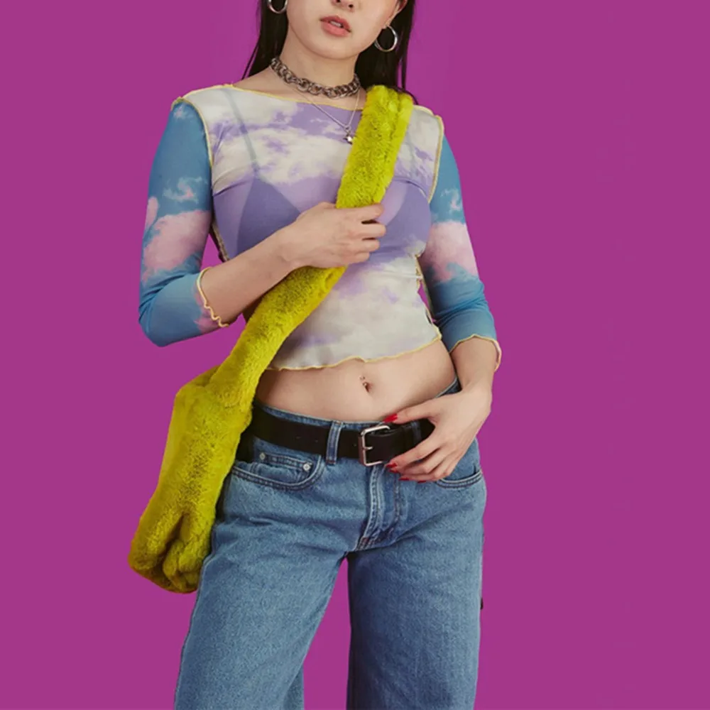 Сетчатый топ с принтом голубого неба и облака, женский укороченный топ, прозрачная Повседневная летняя футболка, Сексуальная футболка в стиле пэчворк, femme Camiseta