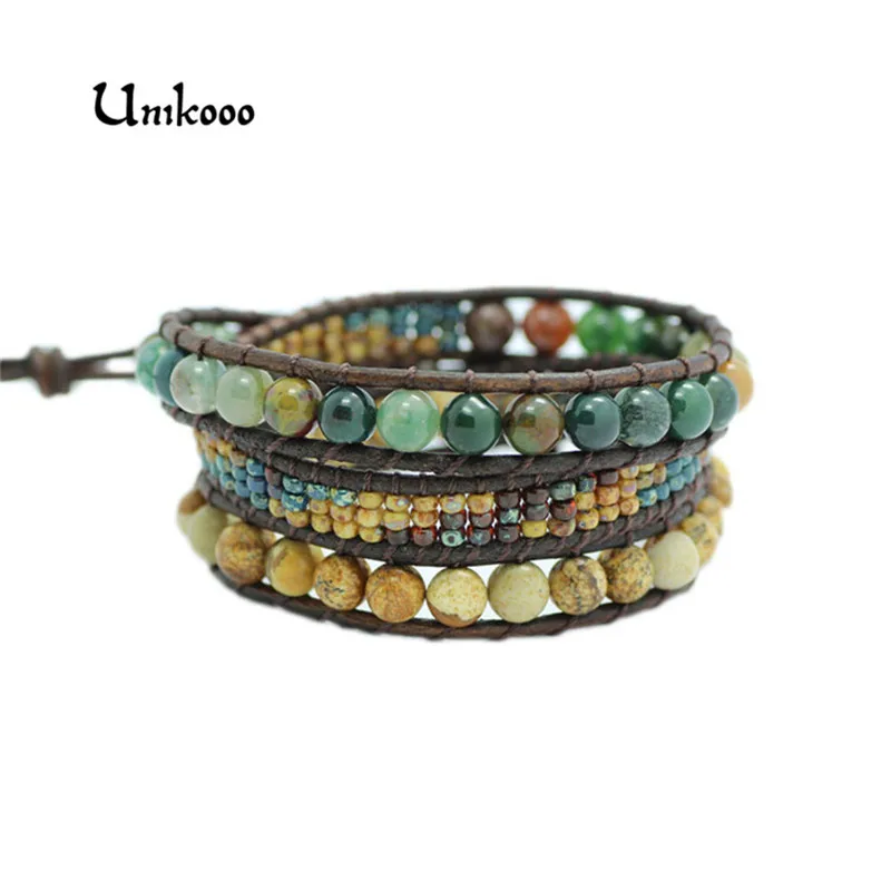 Comprar Pulsera de cuero de 3 capas de piedra Natural de calidad superior pulseras con cuentas al por mayor de cuentas de semillas de moda pulseras Dropshipping