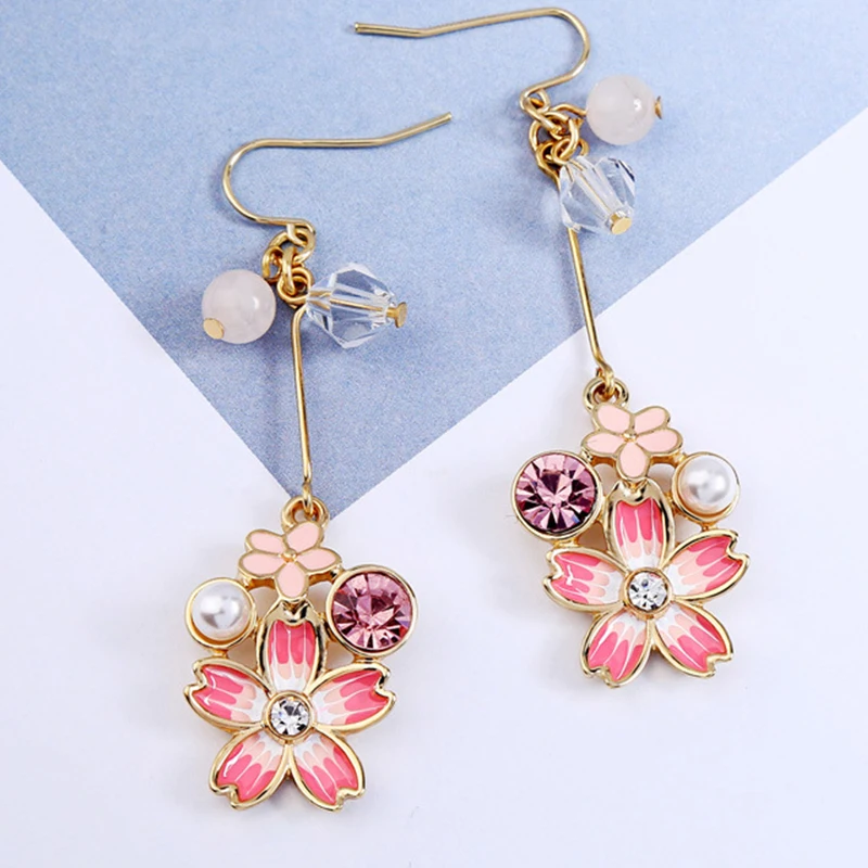 

Elegant Enameled Sakura Flowers Earrings For Woman Girls Pearl Crystal Beads Fashion Wedding Party Jewelry Brincos Pendientes