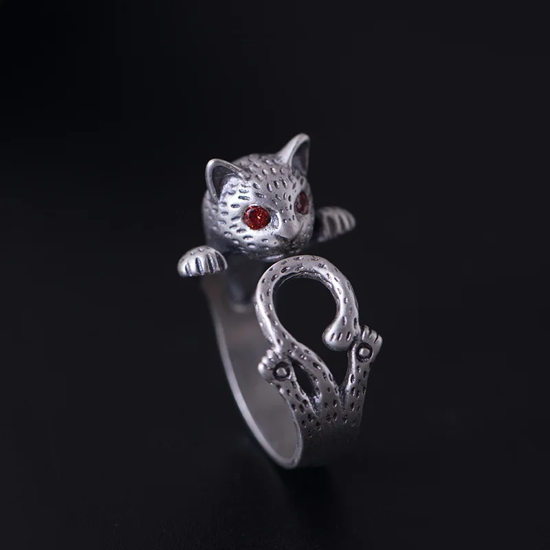 

LouLeur 925 sterling silver zircon cat rings silver handmade funny red zircon eye cat open rings for women original jewelry gift