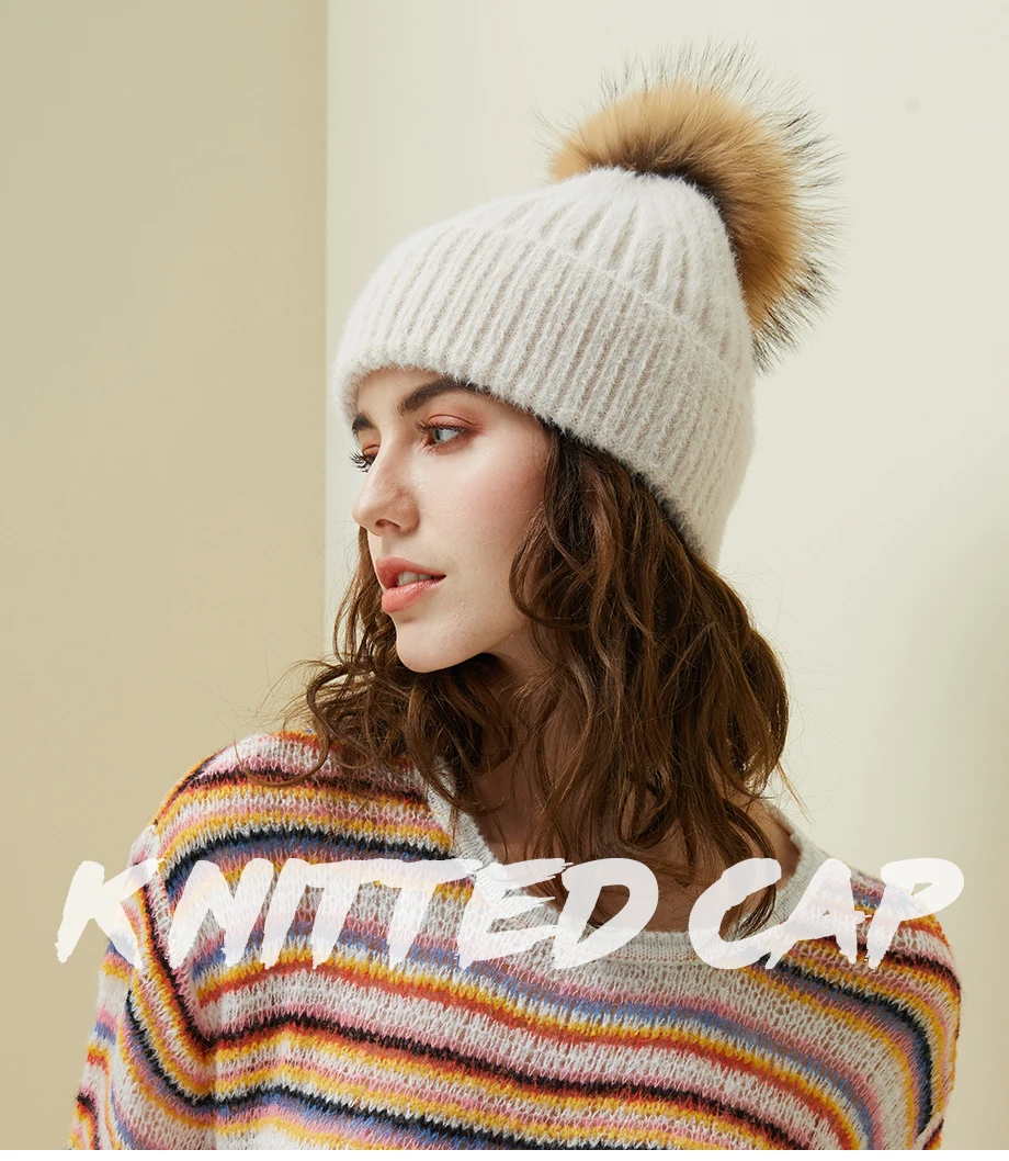 Woman Winter Hat Imitation Mink Fur Slouchy Beanie Thick Warm Turban Femme Straight Crochet Wool Hat Fur Pompom Skullies Beanies (1)