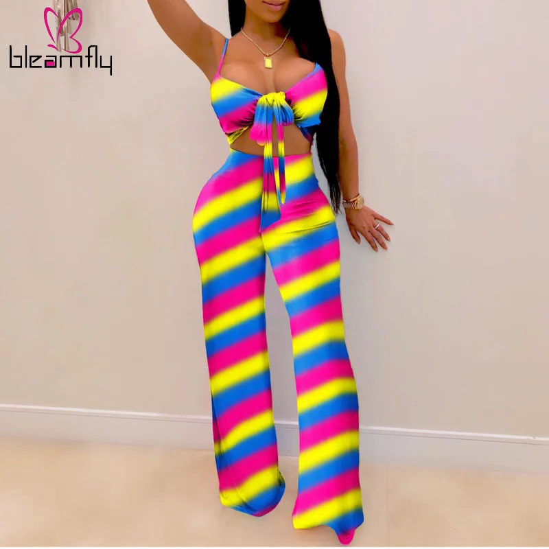 

2019 Summer Plus Size 2 Piece Set Women Striped Printed Wide Leg Pants Set Sleeveless Crop Top+ Pants Ladies Beach Clothing Set