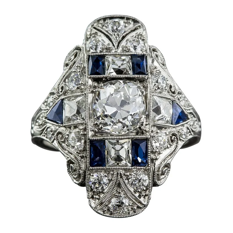 

Zhefanku Wedding Crystal Silver Color Rings Luxurious Engagement Blue Triangle Zircon Ring Fashion Brand Bijoux Women Jewelry