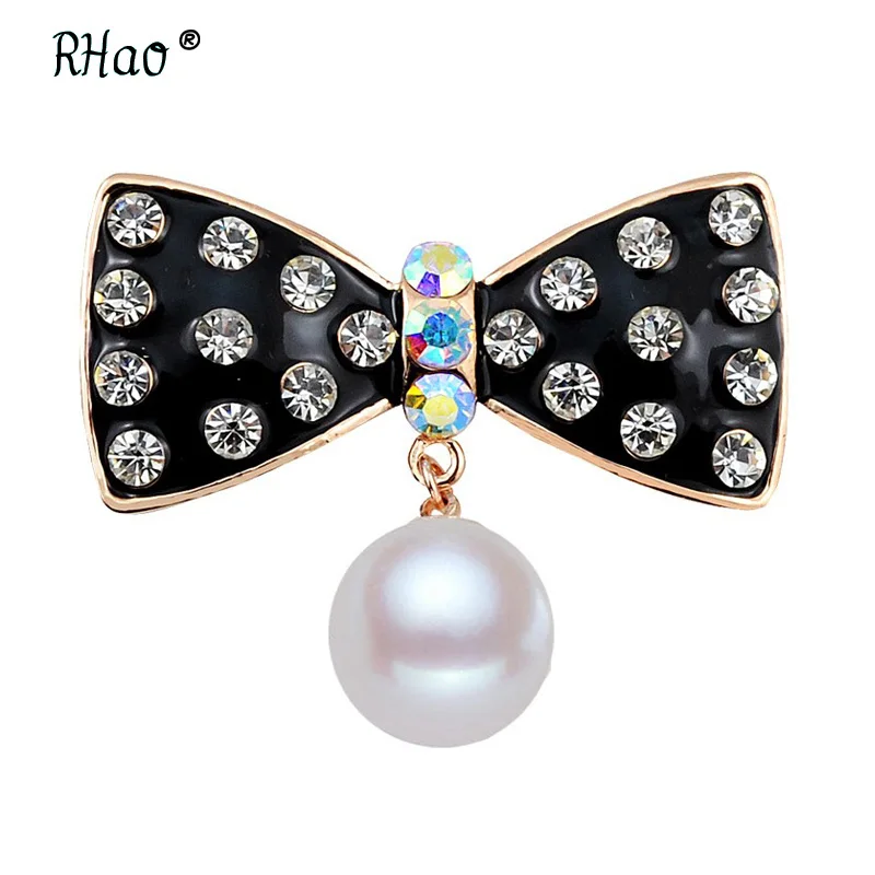 

RHao Elegant Black Enamel Bowknot water drop pearl Brooches pins for women girls suit dress clips jewelry pins garment accessory