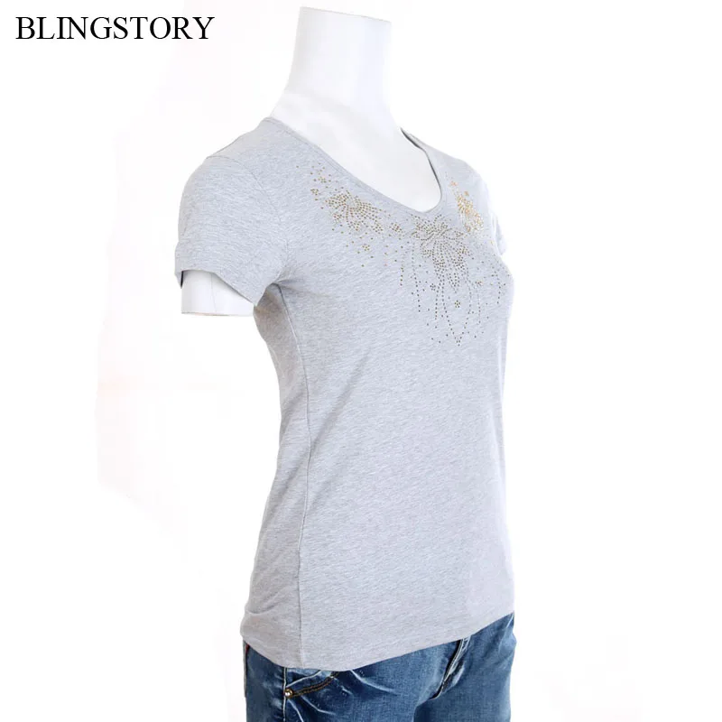 BLINGSTORY, женская одежда размера плюс, Camisetas Feminina, бисерная футболка со стразами, v-образный вырез, женская футболка, топ, хлопок, haut femme, 5xl, 6xl