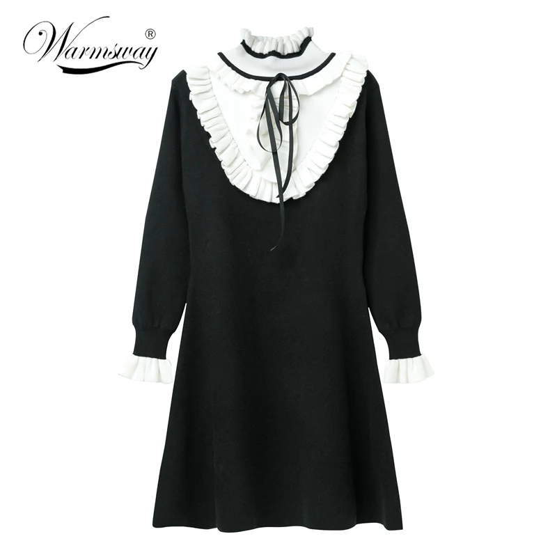 WARNSWAY New Fashion Ruffle Turrleneck Dress with Long Sleeve Autumn Women White Black Contrast Dress Elegant   C-099