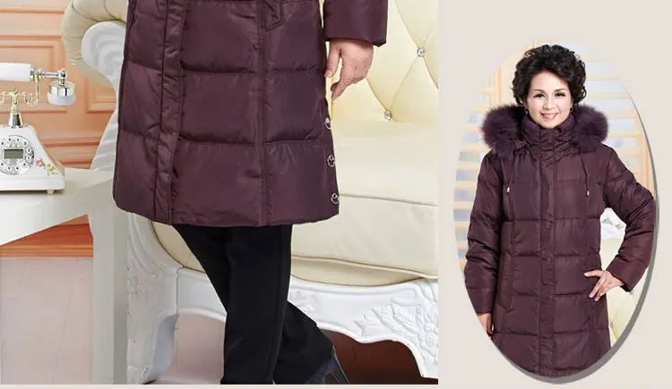 Модная куртка свободного размера плюс среднего возраста с белым утиным пухом, Длинная зимняя куртка для мамы, Воротник из лисьего меха, утолщенные теплые пуховые пальто