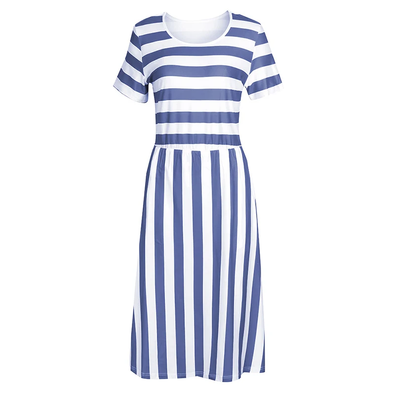 Red Black A Line Casual Dresses Women Summer Dress Short Sleeve Striped Midi Dress O Neck Pocket Summer Holiday Dresses