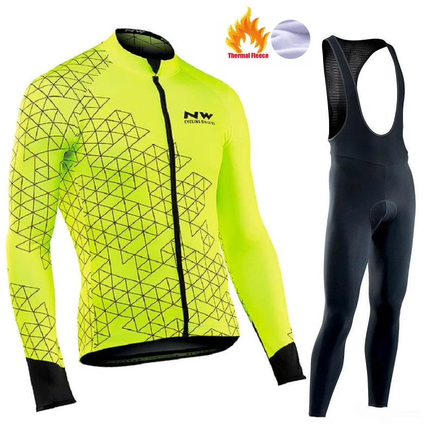 NW Тепловая флисовая футболка с длинными рукавами для командного велоспорта, набор с черными комбинезонами, зимний спортивный костюм, одежда для велоспорта - Цвет: Pic Color6