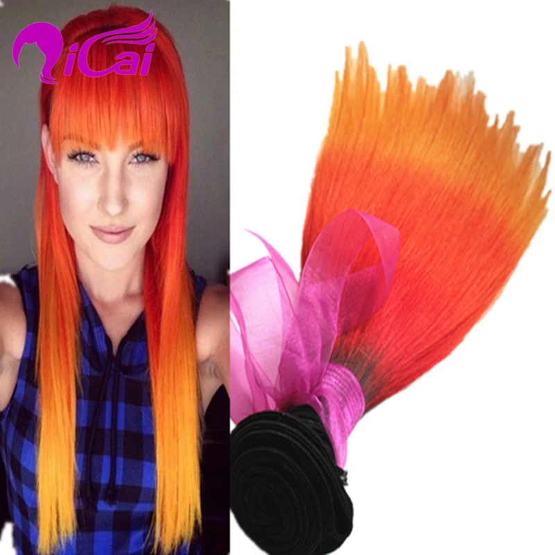 Ombre 3Tone 1B/Orange/Yellow Hair Weave Brazilian Virgin Remy Human