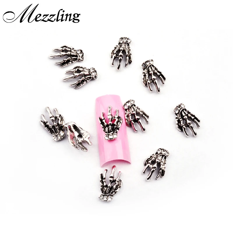 

New Arrive Skeleton Hand Clear Rhinestone 3D Alloy Nail Art Decorations,10pcs Antique Silver Creative Charm Design Nail Tools