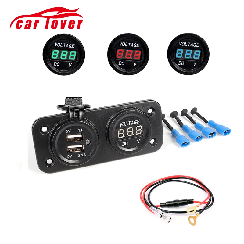 

Dual USB Charger Adapter + DC Voltmeter Digital Display Moniter Cigarette Lighter Socket Distributor Wire 12V 24V Car Motorcycle