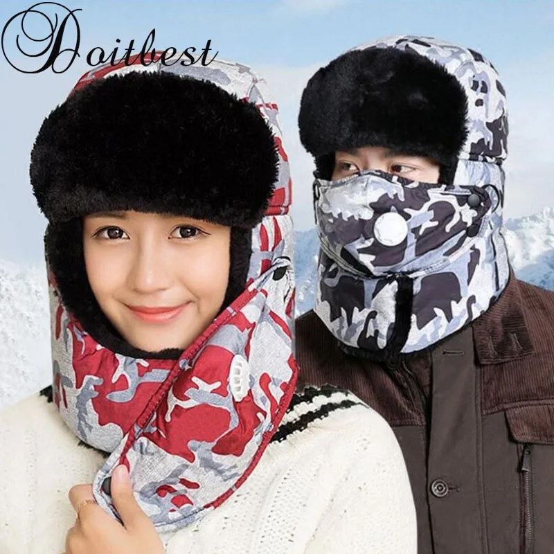 

Doitbest Winter fur hats Windproof Thick warm winter snow women cap Face Mask men's ushanka hat Russian Camouflage Earflap hat
