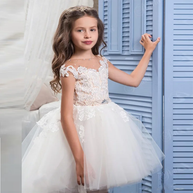 46 Hi Lo Flower Girls Dresses for Weddings with Scoop Neck and Cap Sleeves Appliques Tulle Little Ball gown Girls Wedding Gowns 89 (1)