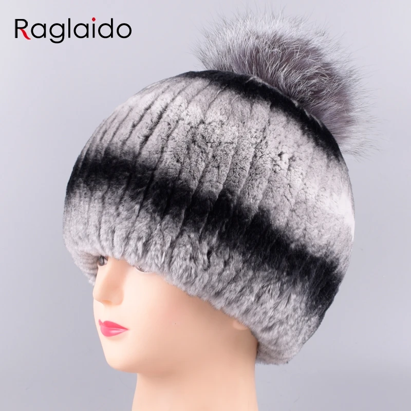 

Raglaido Pompom Hats for Women's knitted cap made of genuine rabbit fur Beanies Real fur Winter Hats with fox fur Hat LQ11223
