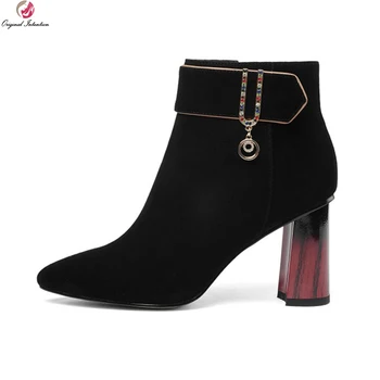 

Original Intention Super Elegant Women Boots Suede Pointed Toe Block Heels Boots Fashion Black Shoes Woman Plus US Size 3-10.5