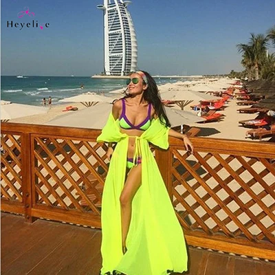 Пикантные длинные бикини Cover UPS женское платье одноцветное шифоновая пляжная туника Пляжный наряд из шифона летнее платье Винтаж пляжные саронги распродажа - Цвет: Зеленый