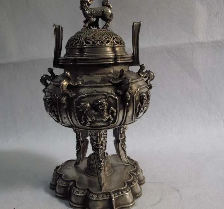 

12 Tibet Buddhism white bronze silver foo dog beast Dragon censer incense burner