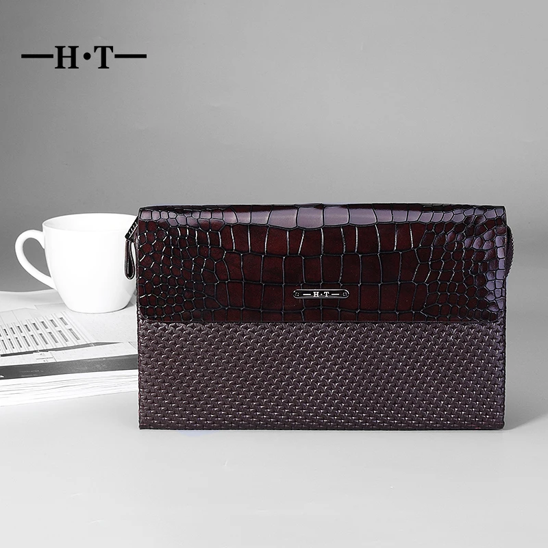 

HT 100% Genuine Leather Handbag Men Purses Handy Bags Crocodile Embossing Wallets Day Clutches Cellphone Pockets Male Clutch Bag