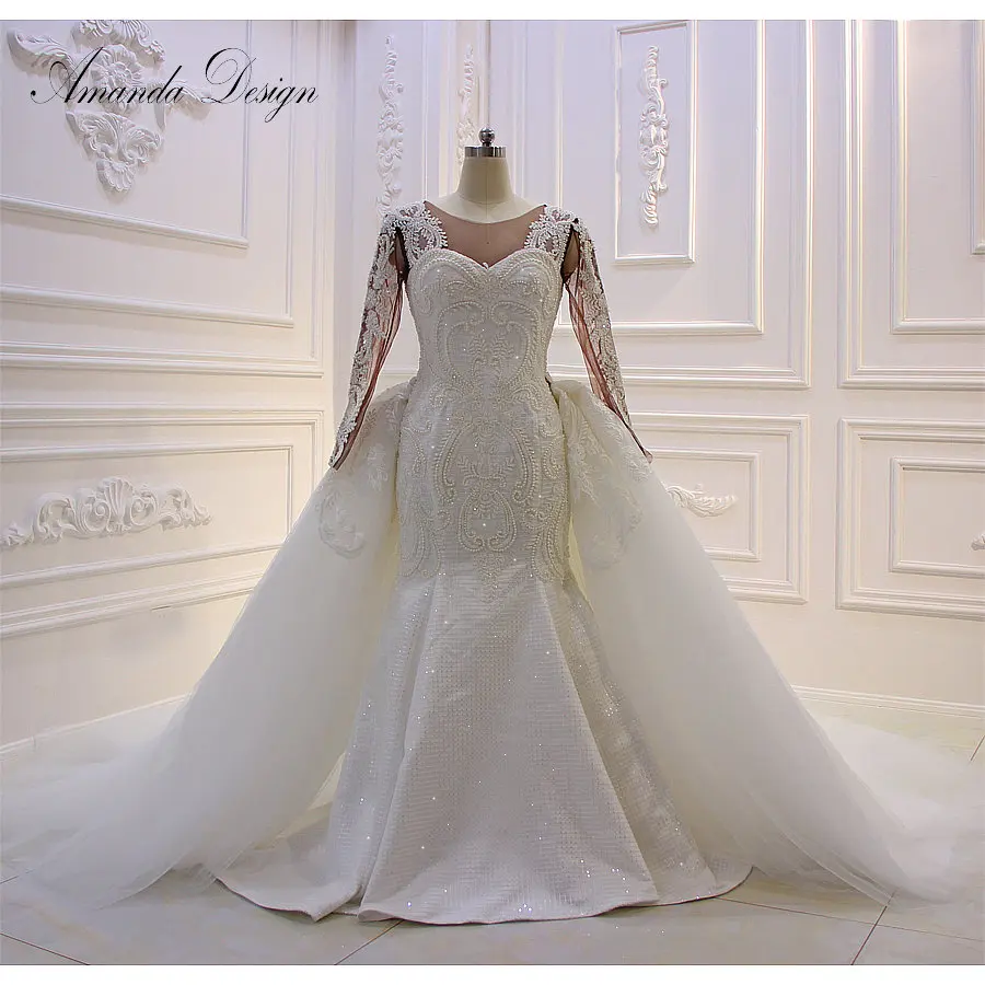 

Amanda Design Long Sleeve Lace Applique Mermaid Removable Skirt African Wedding Dress 2019