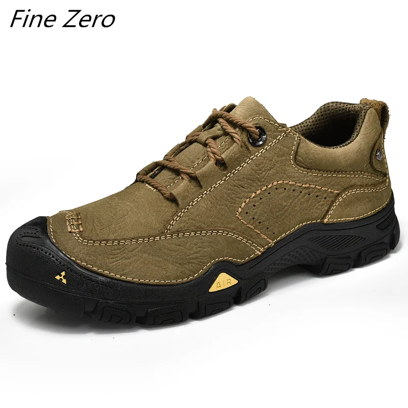 Men's Waterproof Hiking Shoes Travel Shoes Outdoor Non-slip Wear Hunting Sneakers Genuine Leather Trekking Climbing Sports Shoes - Цвет: Khaki 80166