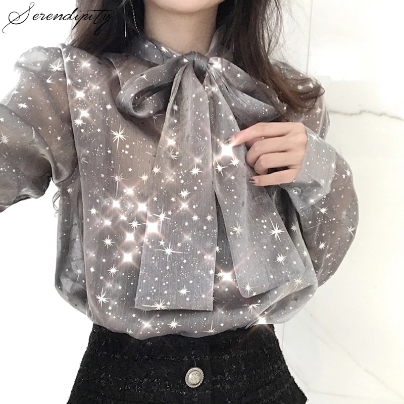 

SRDP Lace Up Starry Sky Summer Bow Chic Women Blouses Shirts Bright Silk Bling Mesh Long Sleeve Shiny Vintage Sweet Grey Blouse