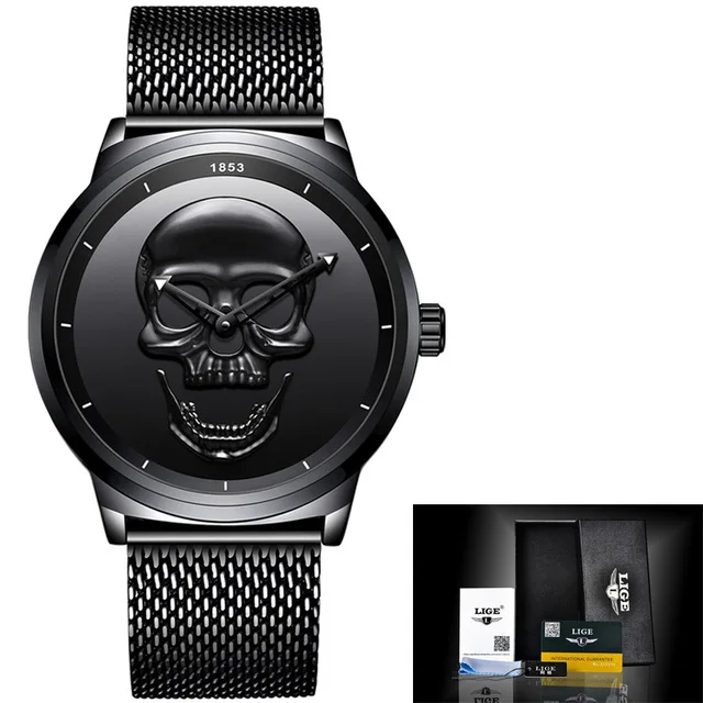 2022 Cool Punk 3D Skull Men Watch Brand LIGE Luxury Steel Quartz Men Watches Waterproof Retro Fashion Gold Black Clock Relogio 