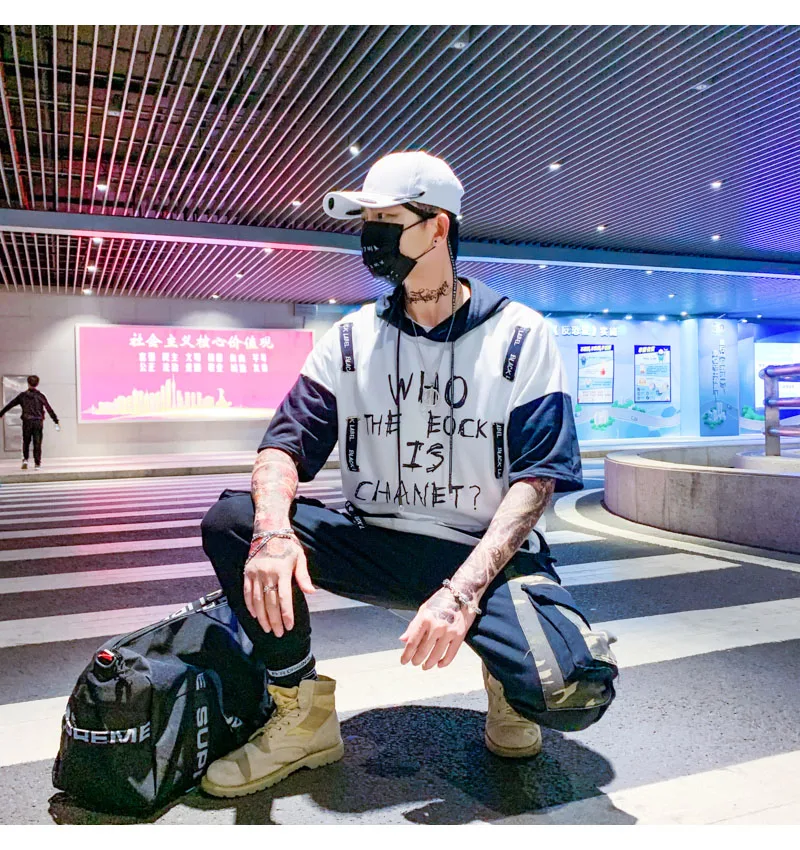 Aolamegs T Shirt Men Block Ribbon Hooded Men's Tee Shirts Short Sleeve T Shirt Fashion High Street Tees Hip Hop Streetwear (1)
