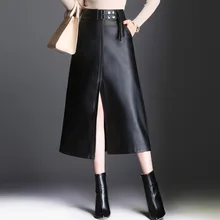 2017 New Slim Leather Skirt High Waist Winter Black Long Women Skirt Autumn Winter Fashion 4XL PU Leather Split Skirts Womens