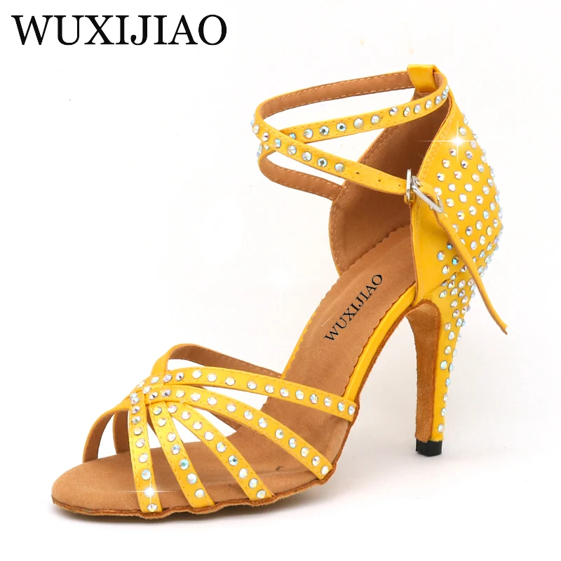 

WUXIJIAO New yellow satin Latin Dance Shoes For Woman Ballroom Dancing Shoes Salsa Performance Dance Shoes heel 5cm-10cm