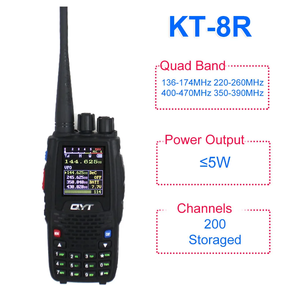 QYT KT-8R четырехдиапазонный портативный радио 136-174MHz 220-260MHz 400-480MHz 350-390MHz KT8R 5W UV двухсторонний радио цветной дисплей