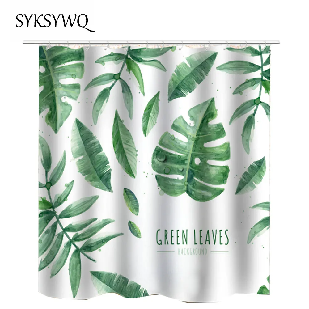 Fabric Polyester 3d Waterproof Shower Curtain green plant tropical