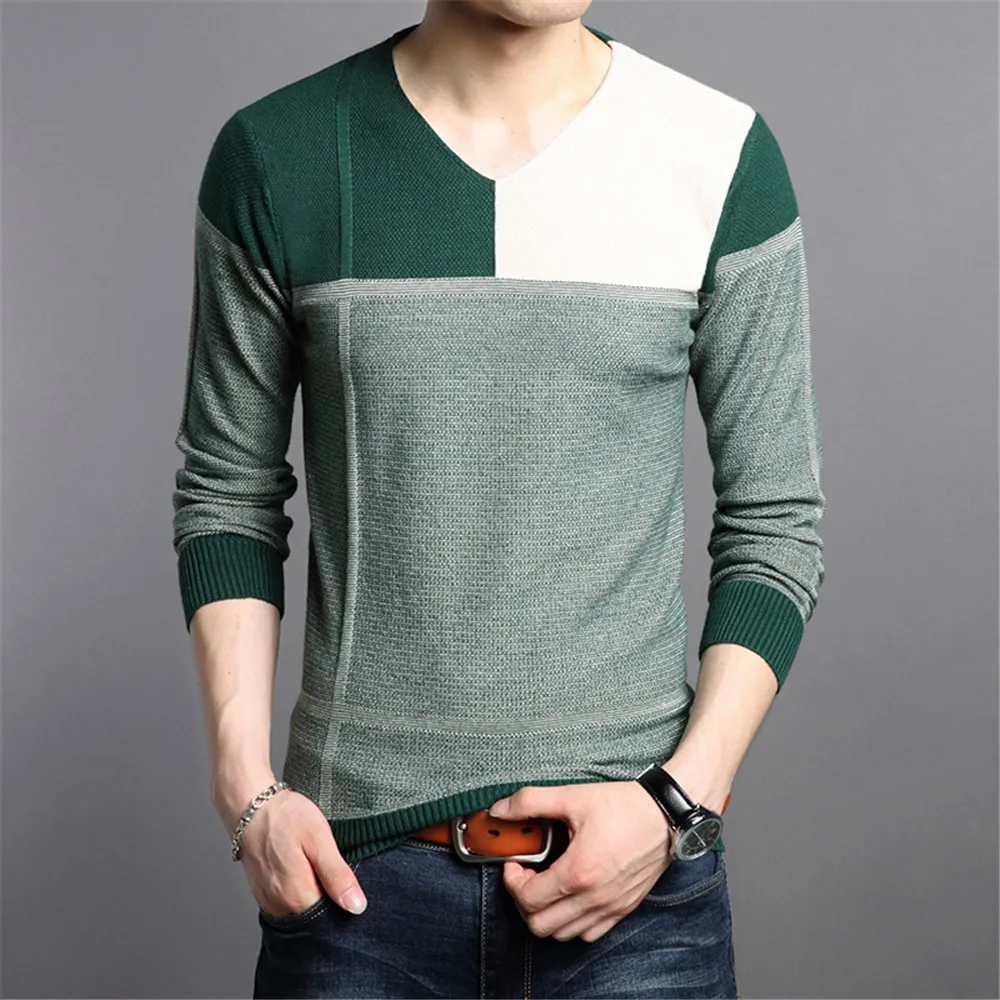 Мужской тонкий V образным вырезом лоскутное хлопок Зима Бизнес Повседневные свитера джемпер пуловер трикотаж для мужчин