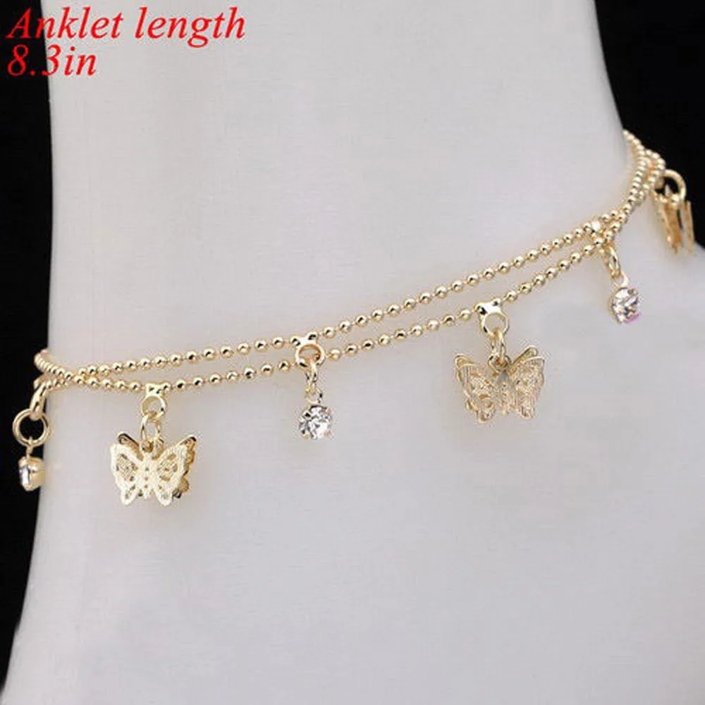 

2019 Fashion 1Piece Gold Color Multi Butterfly Bling Rhinestone Ankle Bracelet Doublelayer Foot Chain for Lady