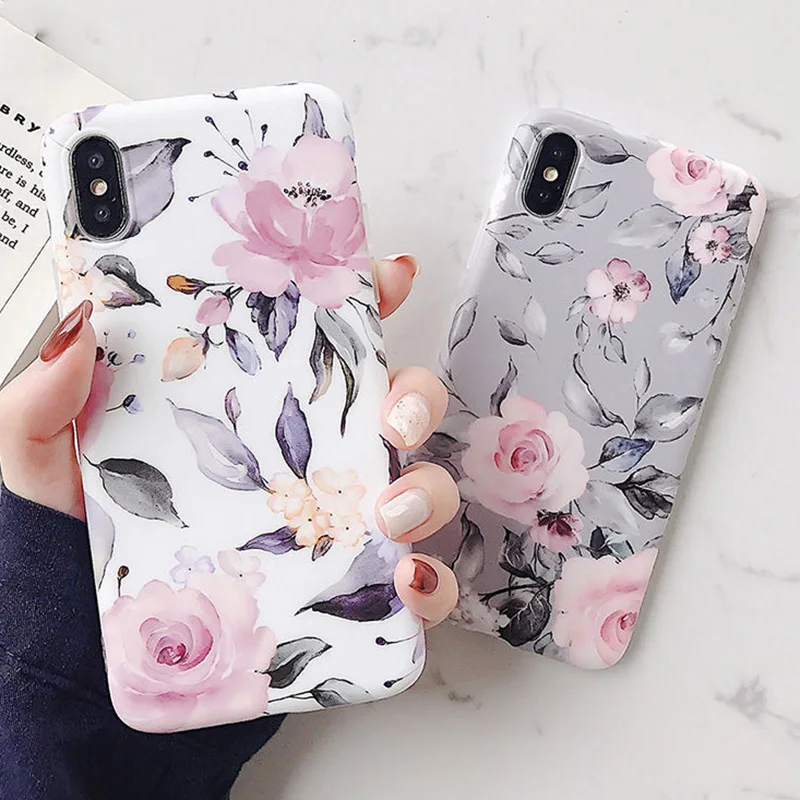 

Beautiful Vintage Flower Cases For iPhone XS Max XR XS X 6 6S 7 8 Plus Soft IMD Retro Leaves Back Covers For iPhone X 6 7 8 Plus