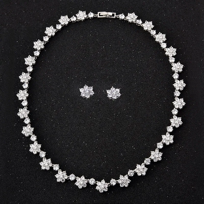 

Elegant Micro-inlay CZ Zirconia Stone Small piece of flowers Choker Necklace Earring Fashion Jewelry Sets For Women 2018