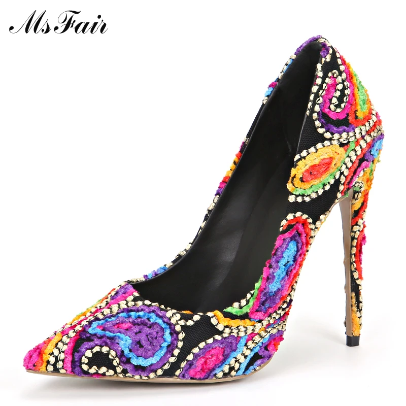 

MSFAIR Shallow Embroider Women Pumps Thin Heels Pointed Toe High Heels Fashion Stiletto heel Single Shoes 2017 Ladies Girl Pumps