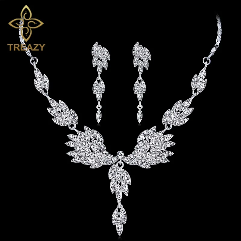 TREAZY Elegant Crystal Bridal Jewelry Sets Silver Color