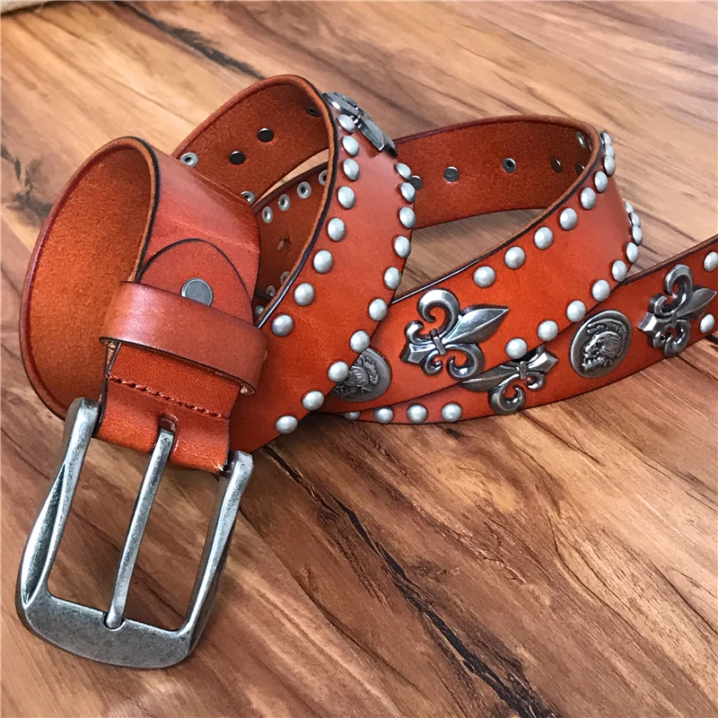 Cowboy Genuine Leather Skull Belts For Men Metal Rivet Punk Men Belt