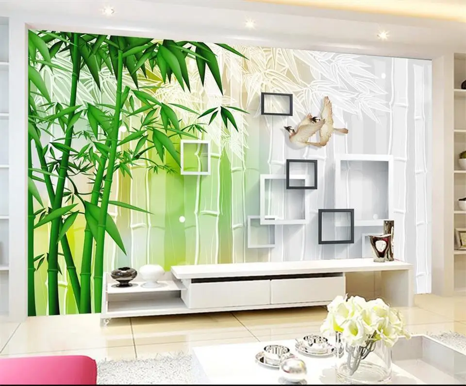 3d foto wallpaper kustom mural  ruang bambu burung  blok 3d 