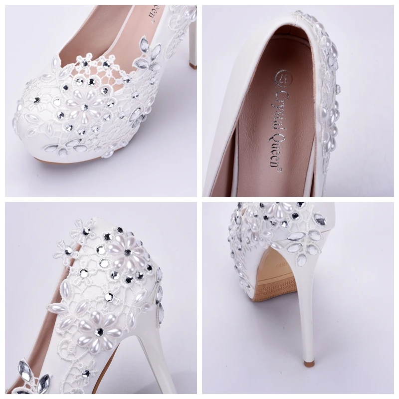 Модная женская белая свадебная обувь со стразами; Свадебная обувь для подружки невесты; обувь со стразами и кружевом; женские туфли-лодочки на высоком каблуке