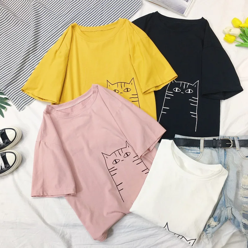 

Funny T shirts Sketch Cat Cartoon Print T-Shirt Kawaii Clothes O Neck Short Sleeve Split Summer Top 2018