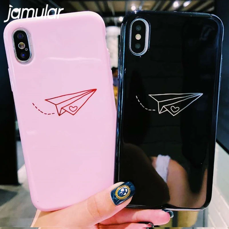

JAMULAR Paper Plane Painted Phone Cases For iPhone 7 X 6 6s 8 Plus Soft Mirror TPU Back Cover For iPhone X Cartoon Couple Coque