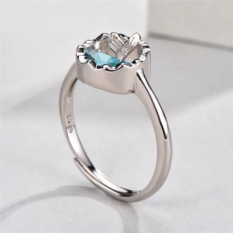 Милое женское кольцо русалки с голубым топазом, настоящее 925 пробы Серебряное Открытое кольцо, обручальные кольца для женщин